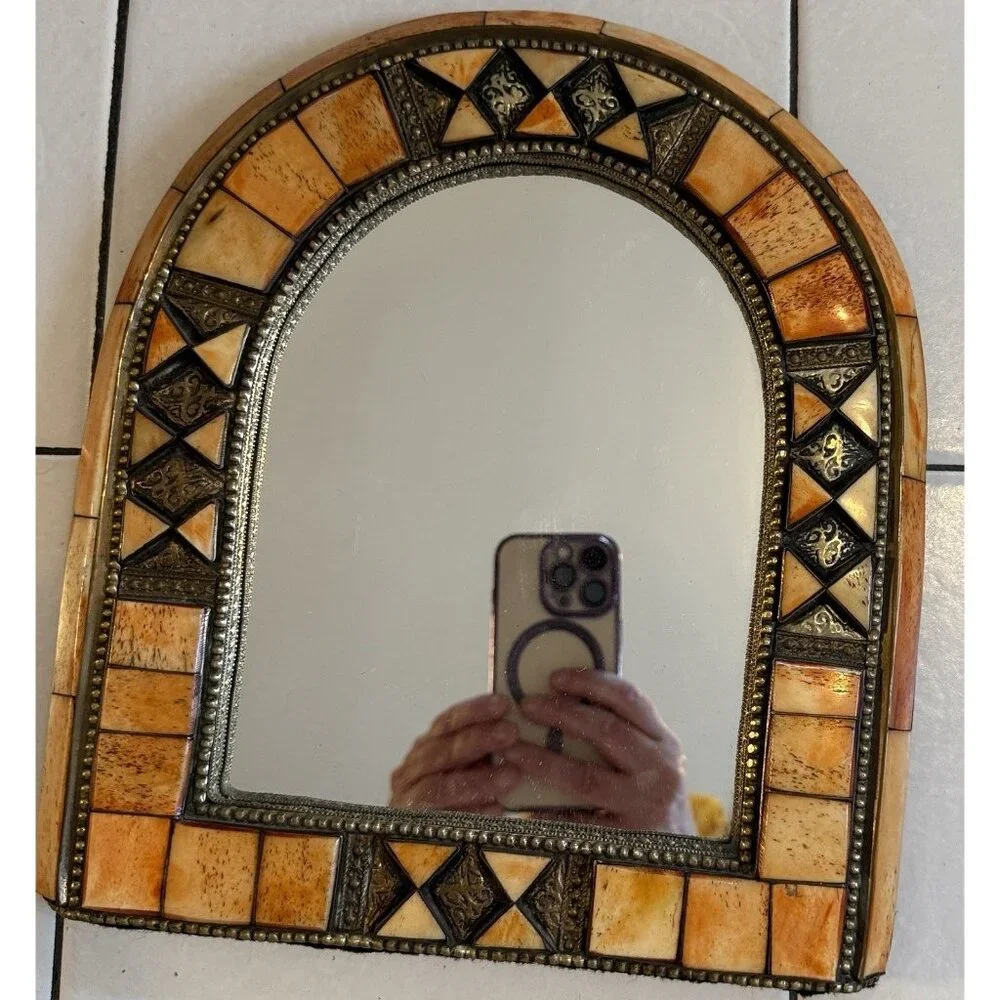 Moroccan Mirror Brass Camel Bone Wood Arched Vintage 10.5 x 9.5" - Picture 2 of 10